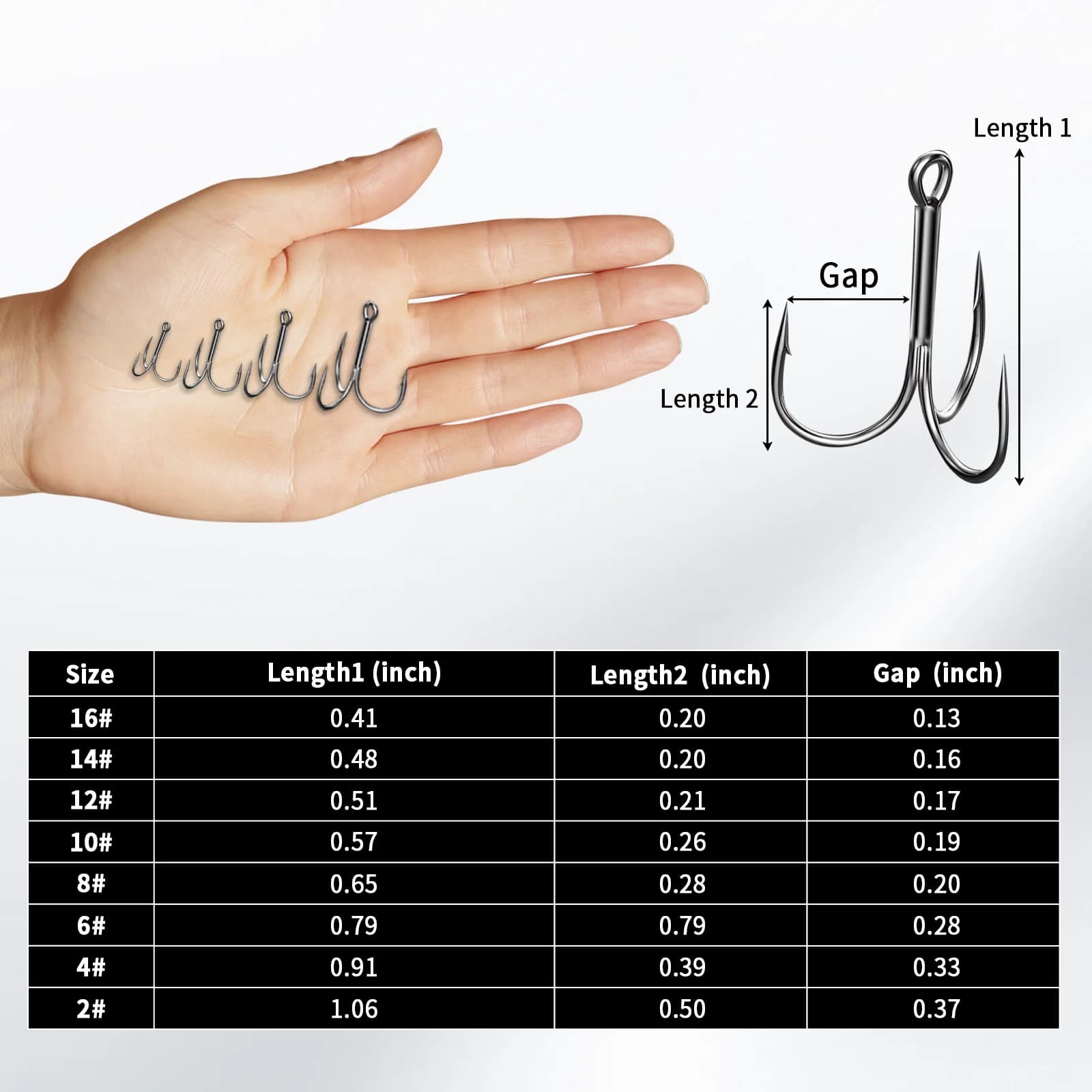 High Carbon Steel Treble Hooks, 15 Pcs