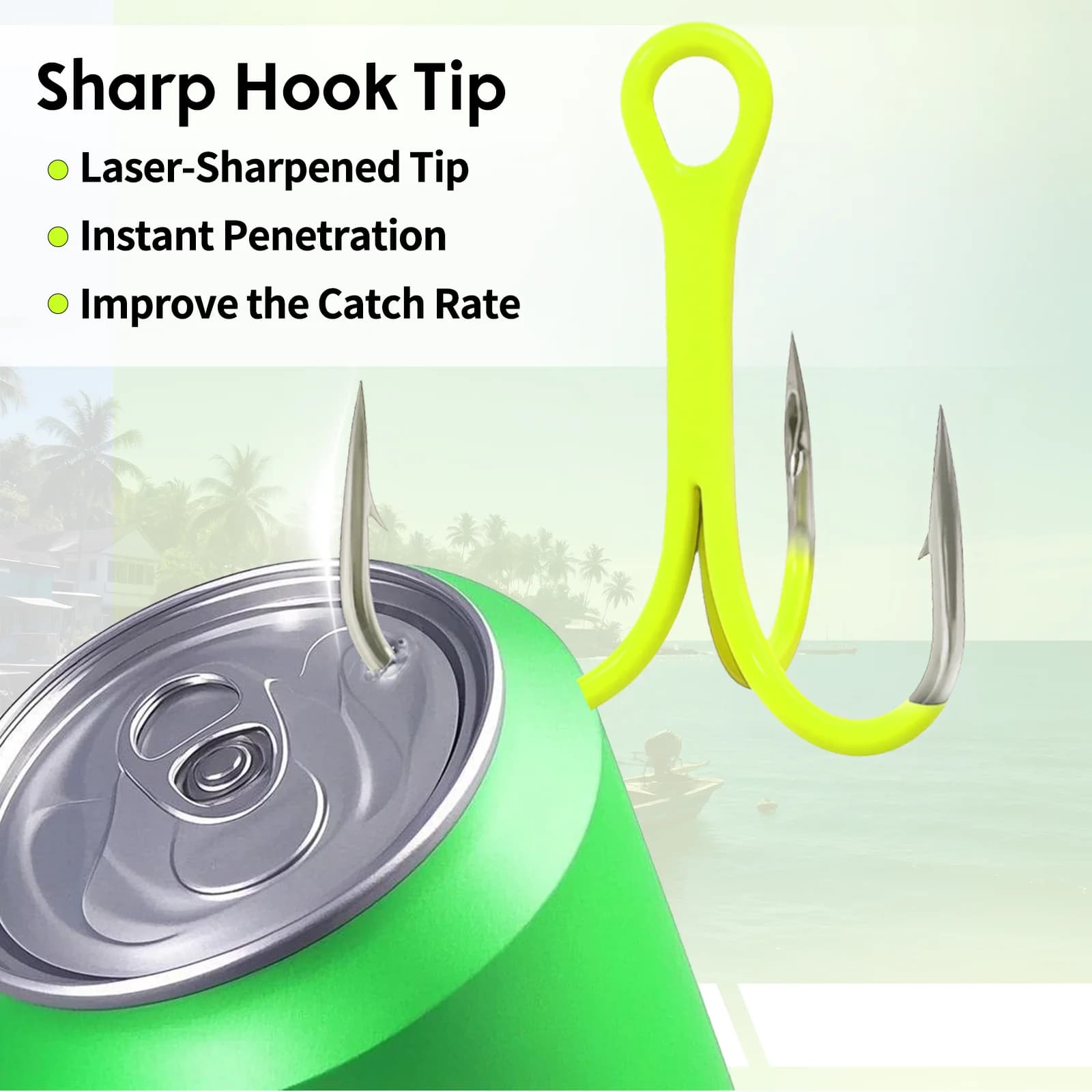 UV Fluorescent Green Treble Hooks, 10 Pcs
