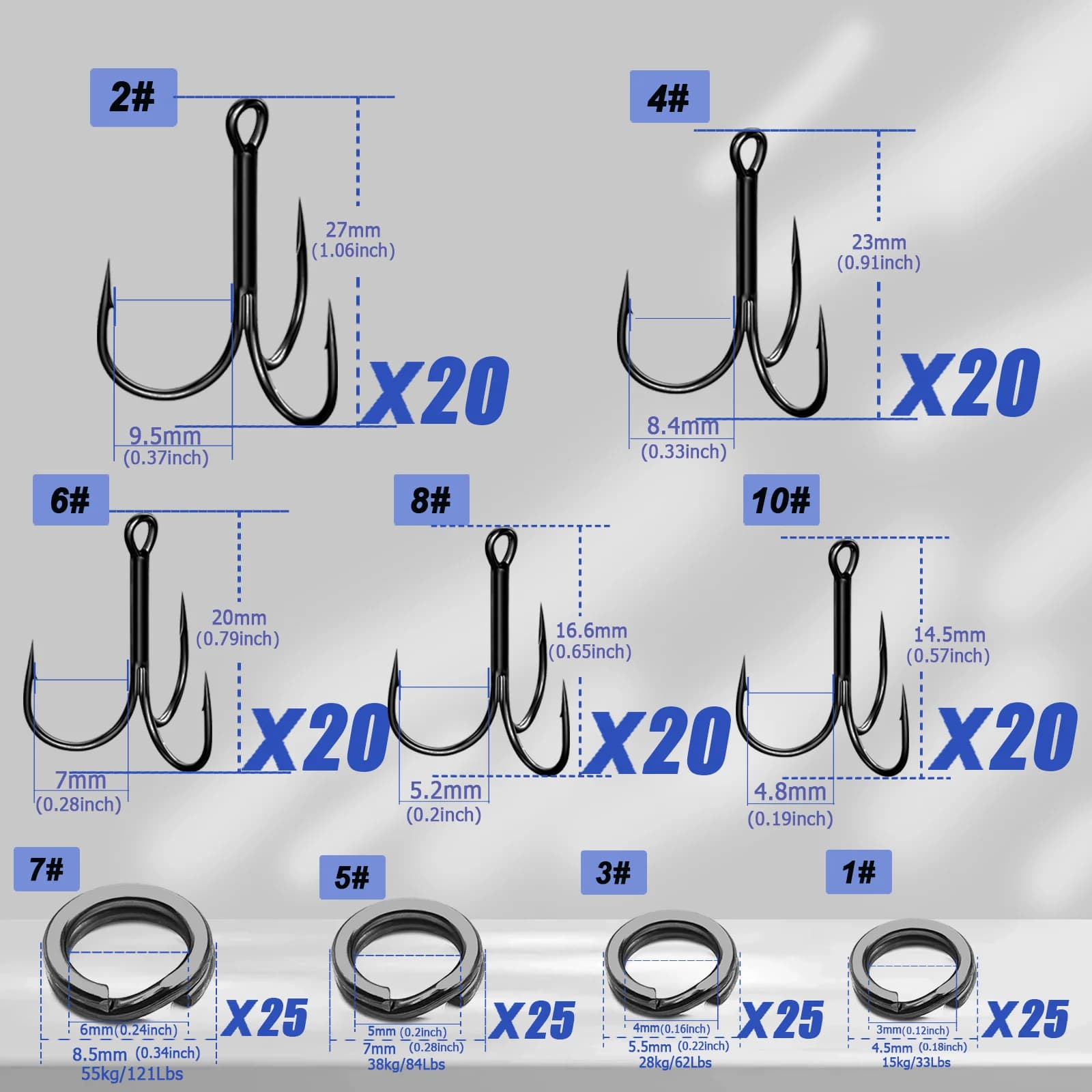 200-300pcs Treble Hooks with Split Rings Kit