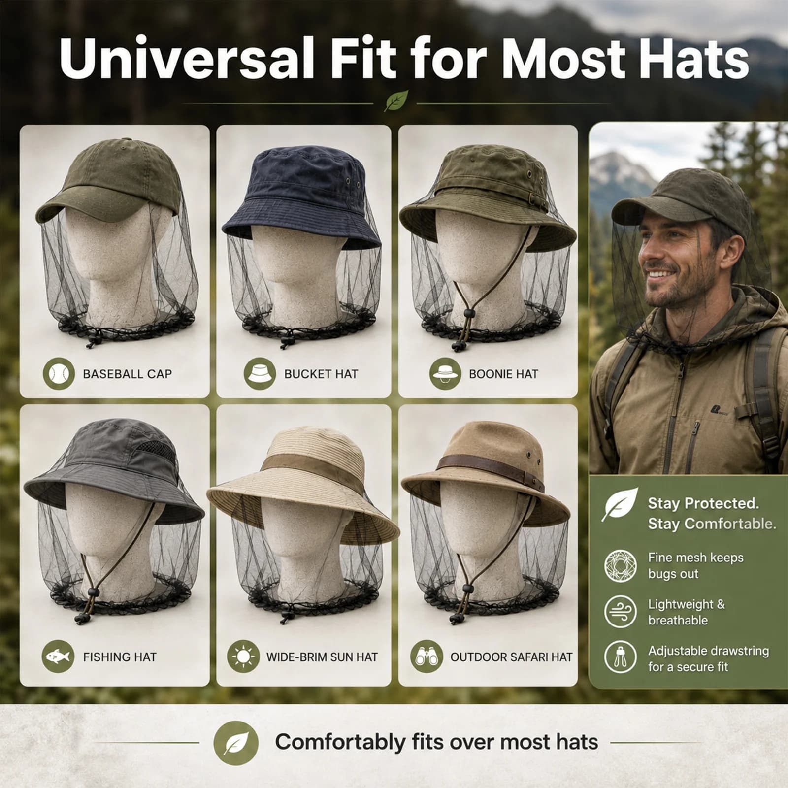 2pcs Breathable Mosquito Head Net with Drawstring
