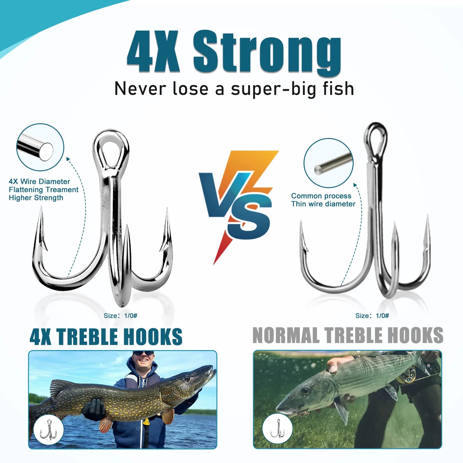 Strong Round Bend Treble Hooks, Size 4X, 10 Pcs
