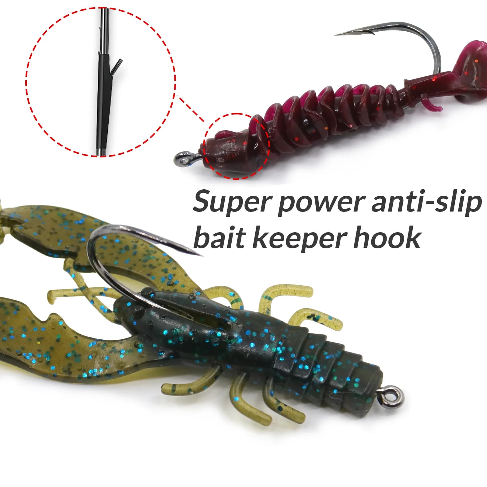 Non-Offset Baitholder Worm Hooks, 10-30 Pcs