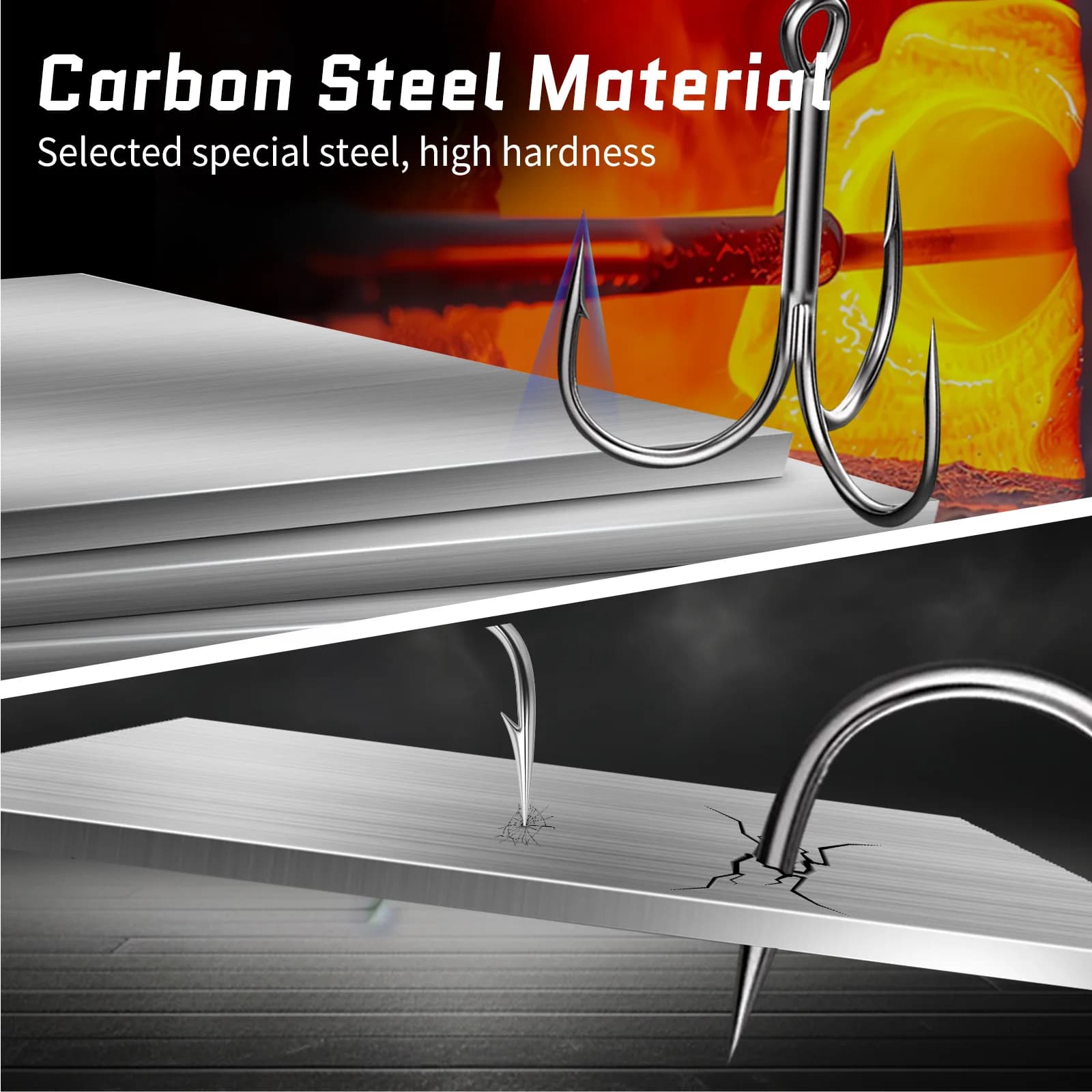 High Carbon Steel Treble Hooks, 15 Pcs