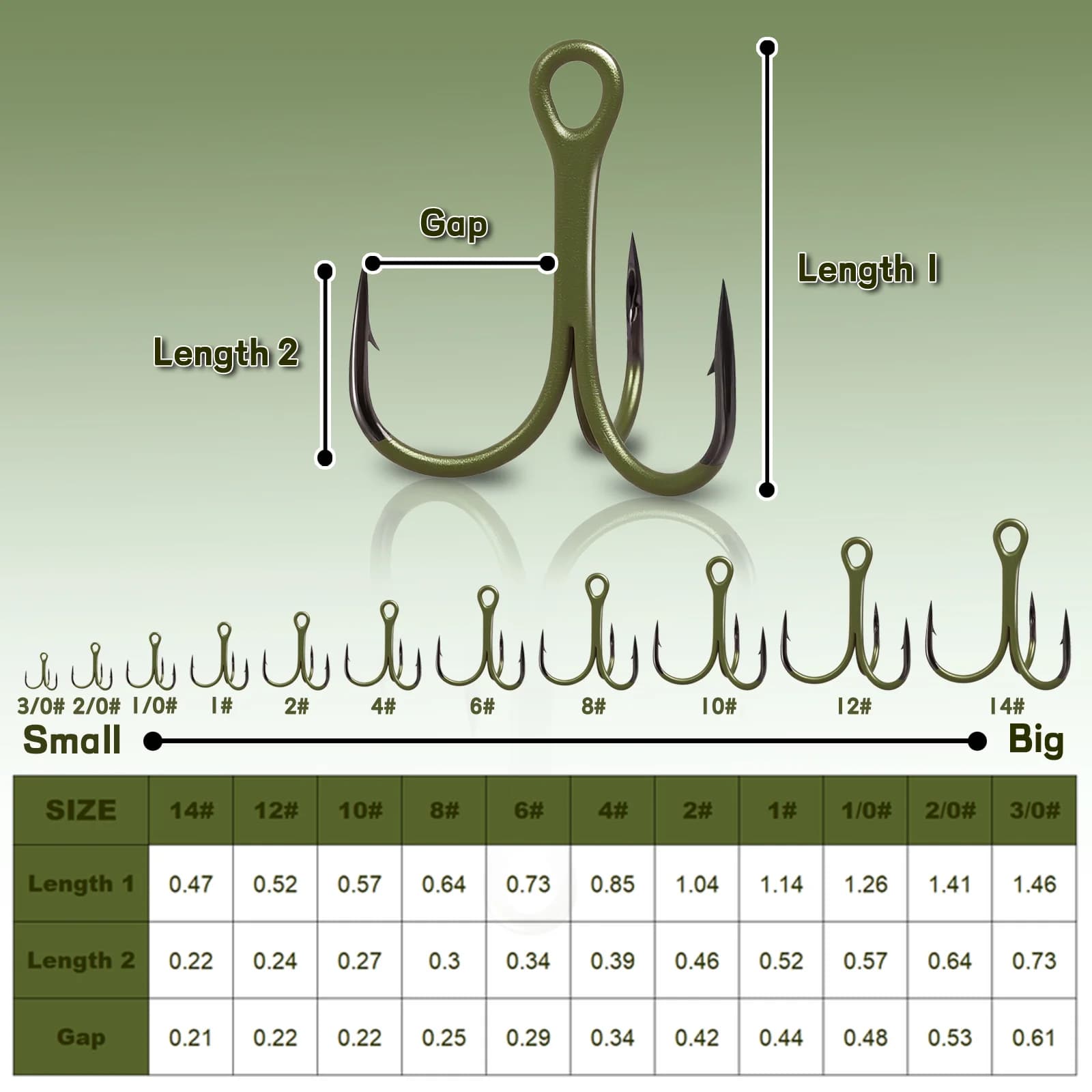 3X Strong Round Bend Treble Hooks, 10 Pack