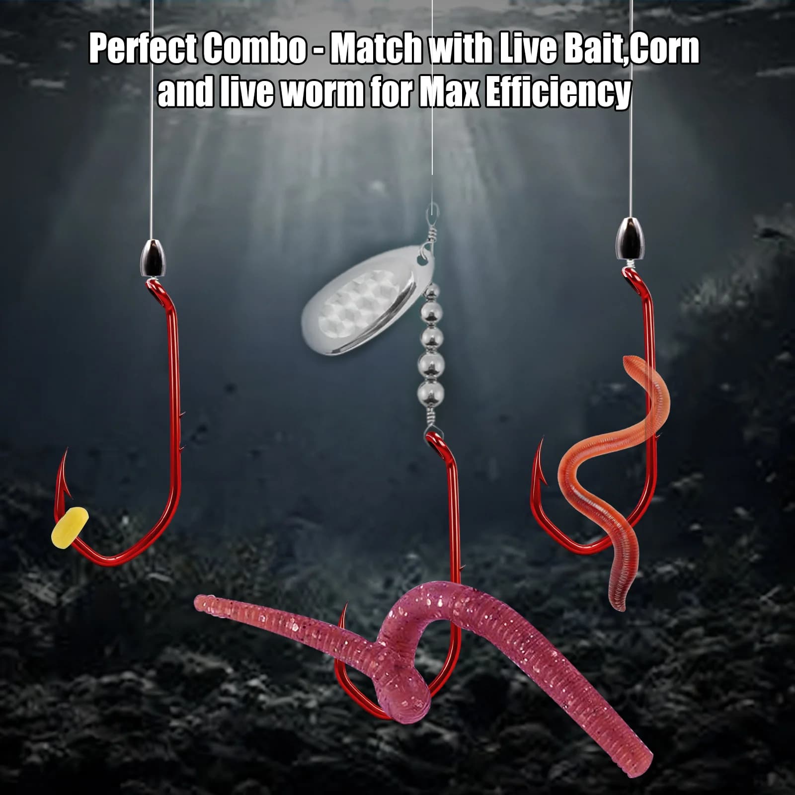 Red Offset Baitholder Fishing Hooks V-Bend Worm Style