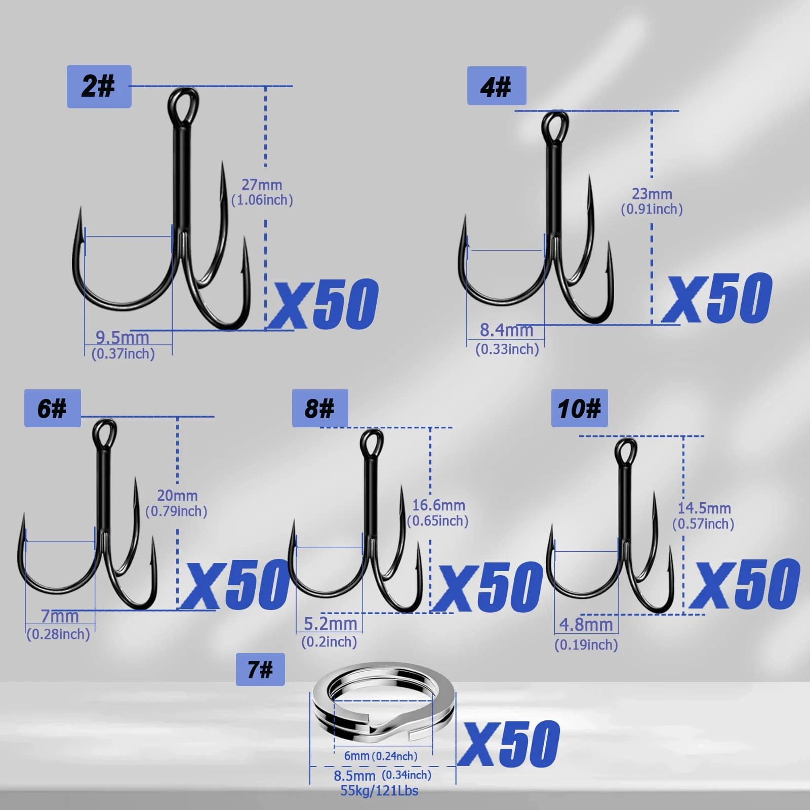 200-300pcs Treble Hooks with Split Rings Kit