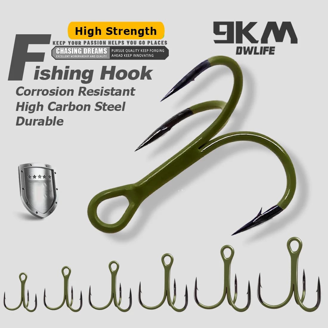 3X Strong Round Bend Treble Hooks, 10 Pack